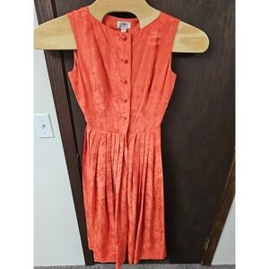 Vintage Dynasty Hong Kong Pure Silk Jacquard Sleeveless Pleated Dress Coral 10